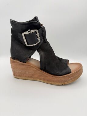 A.S. 98 Naya Black Leather Wedge Sandal  Open Toe Bluckle Grunge Boho Edge 38
